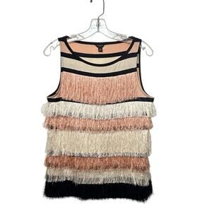Ann Taylor Top Womens Size MP Peach Navy Blue Silky Fringe Knit Tank Artsy Retro